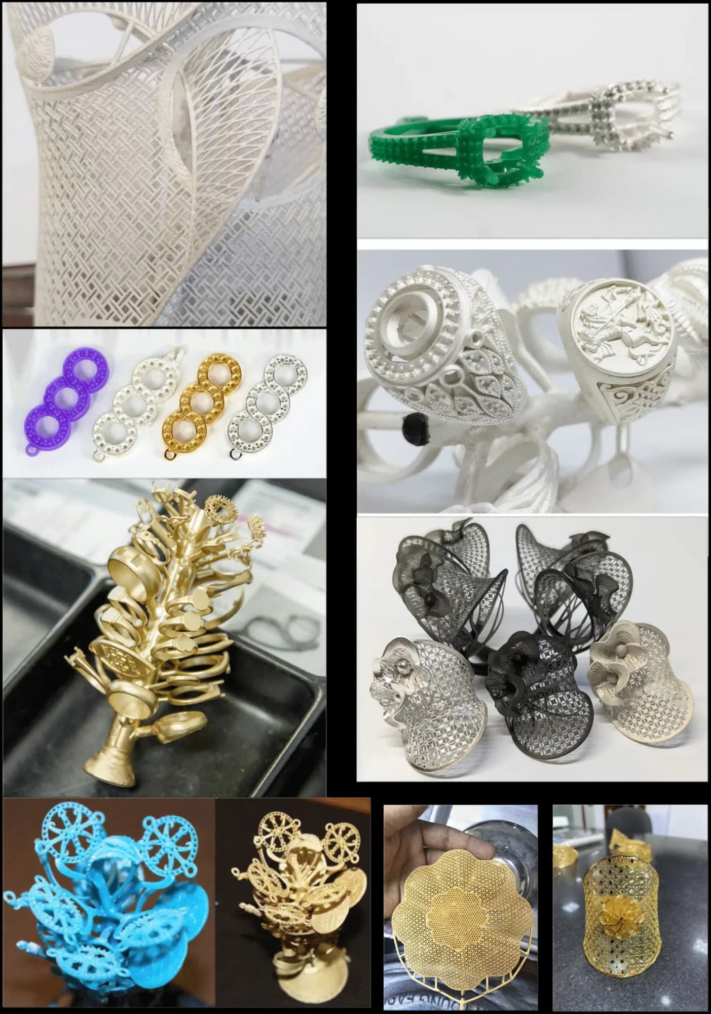 Casting samples showing wax patterns alongside finished gold pieces in yellow, white and rose gold