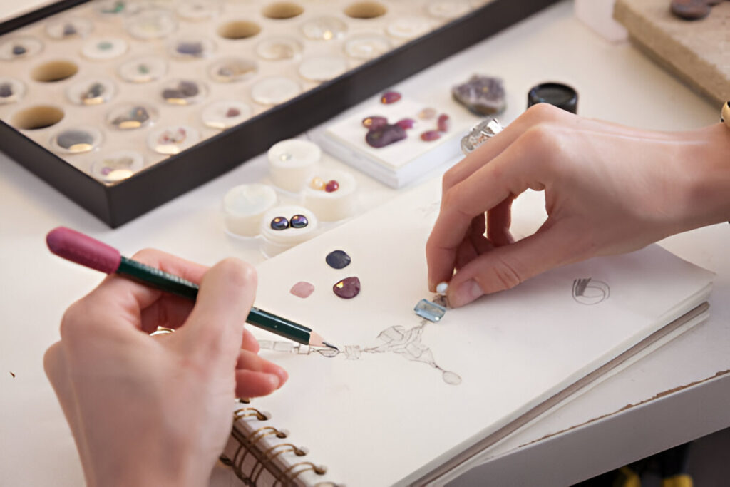 Jewelry designer's hands sketching pendant design in notebook while selecting gemstones from collection, showing custom jewelry design process with various colored stones