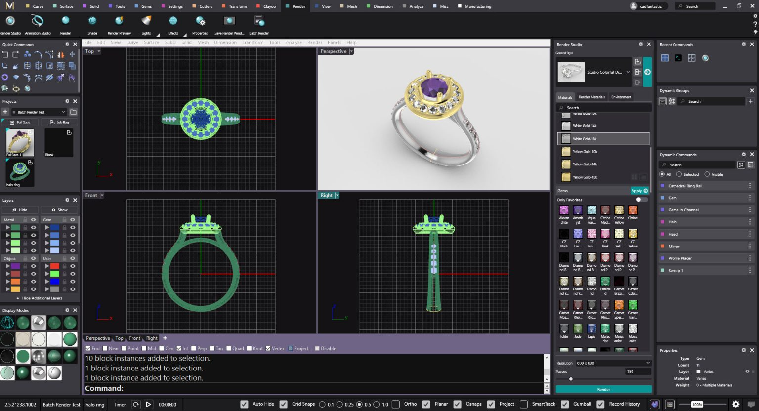 MatrixGold CAD software interface showing complete ring design workflow with 3D wireframe views, photorealistic render of ruby halo ring with diamond accents, and comprehensive design tools panel