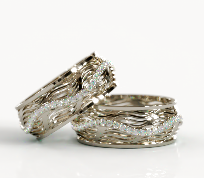 3D rendered pair of white gold wedding rings with flowing wave patterns and diamond accents on white background for jewelry e-commerce