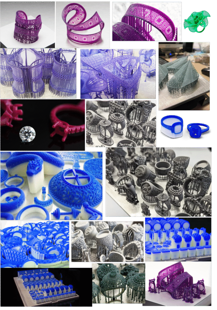 Collage showing various 3D printed jewelry pieces in multiple colors including purple cuff bracelets with intricate lattice patterns, blue rings and decorative objects, silver metallic jewelry pieces, and green geometric accessories demonstrating different 3D printing technologies and finishes