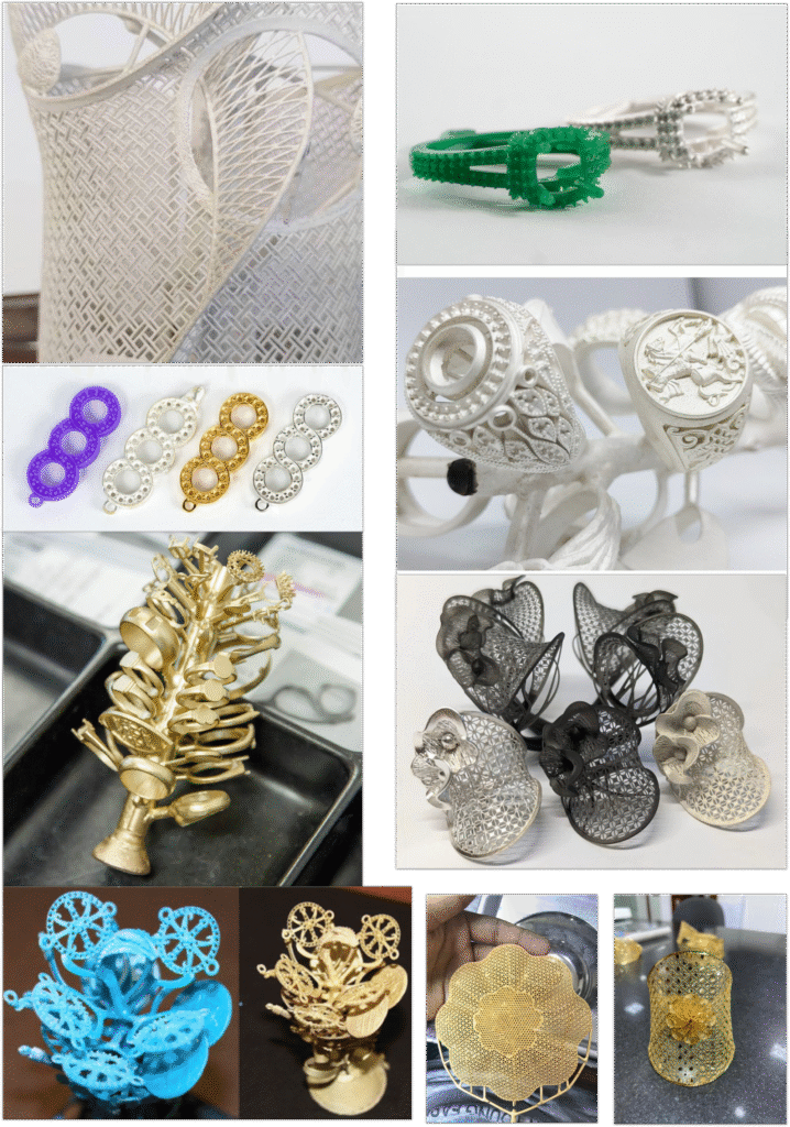 Jewelry casting collage showing 3D printed wax models and finished gold pieces in various colors and complexities from solid rings to delicate filigree work